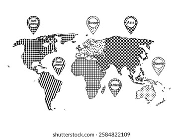 Vector illustration of a world map. Six continents divided into patterns. Black and white design. White background.