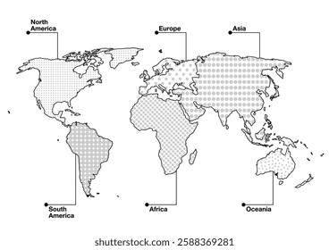 Vector illustration of world map. Six continents with polka dot pattern. Black and white design. White background.