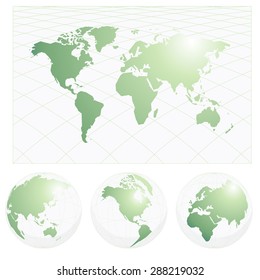 A vector illustration of a world map with three globes of americas, asia pacific, europe or africa continents.