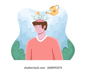 Vector illustration of World mental health day on 10 October with relaxing people. Clear your Mind. Positive Thinking. Can be used for banner, post card, greeting card, poster, social media.