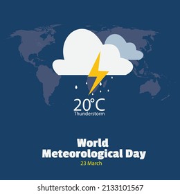 Vector illustration of World Meteorological Day background. Thunderstorm 20 degrees celsius