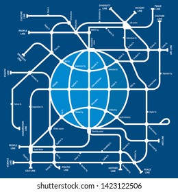 Vector illustration. World metro drawing. Metaphor of earth as subway map.