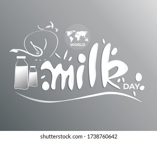 VECTOR ILLUSTRATION FOR WORLD MILK DAY, FRESH MILK BOTTLES, WORLD MAP, WORLD DAY MILK LETTERING , DESIGNER CALLIGRAPHY TEXT WITH COW