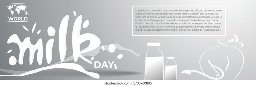 VECTOR ILLUSTRATION FOR WORLD MILK DAY, FRESH MILK BOTTLES, WORLD MAP, WORLD DAY MILK LETTERING , DESIGNER CALLIGRAPHY TEXT WITH COW