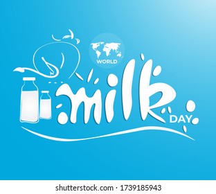 VECTOR ILLUSTRATION FOR WORLD MILK DAY, FRESH MILK BOTTLES, WORLD MAP, WORLD DAY MILK LETTERING , DESIGNER CALLIGRAPHY TEXT WITH COW