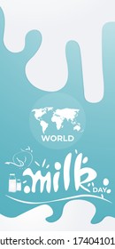 ILUSTRACIÓN DE VECTORES PARA EL DÍA MUNDIAL DE LA LECHE, BOTELLAS DE LECHE FRESCAS, MAPA MUNDIAL, LETRA DE LECHE DEL DÍA MUNDIAL , TEXTO DE LA LIGRAFÍA DEL DISEÑADOR CON VACA