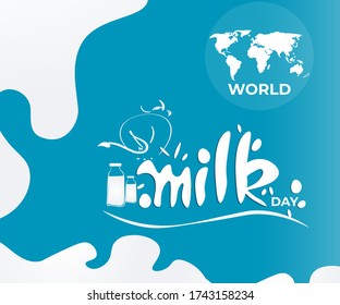 VECTOR ILLUSTRATION FOR WORLD MILK DAY, FRESH MILK BOTTLES, WORLD MAP, WORLD DAY MILK LETTERING , DESIGNER CALLIGRAPHY TEXT WITH COW