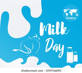 VECTOR ILLUSTRATION FOR WORLD MILK DAY, FRESH MILK BOTTLES, WORLD MAP, WORLD DAY MILK LETTERING , DESIGNER CALLIGRAPHY TEXT WITH COW