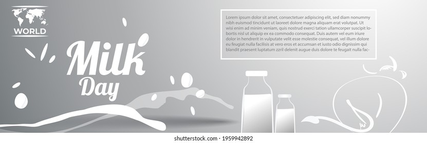 VECTOR ILLUSTRATION FOR WORLD MILK DAY, FRESH MILK BOTTLES, WORLD MAP, WORLD DAY MILK LETTERING , DESIGNER CALLIGRAPHY TEXT WITH COW