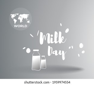 VECTOR ILLUSTRATION FOR WORLD MILK DAY, FRESH MILK BOTTLES, WORLD MAP, WORLD DAY MILK LETTERING , DESIGNER CALLIGRAPHY TEXT WITH COW