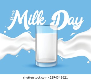 Vector illustration of world milk day. milk glass with milk splash