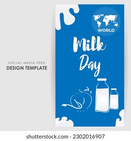 Vector illustration of World Milk Day 1 June social media story feed set mockup template