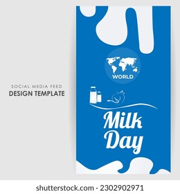 Vector illustration of World Milk Day 1 June social media story feed set mockup template