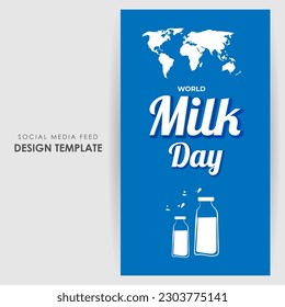 Vector illustration of World Milk Day 1 June social media story feed set mockup template