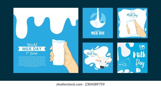 Vector illustration of World Milk Day 1 June social media story feed set mockup template set