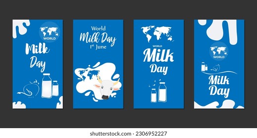 Vector illustration of World Milk Day 1 June social media story feed set mockup template set
