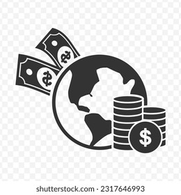 Vector illustration of world money icon in dark color and transparent background(PNG).