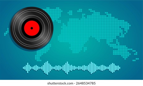Vector illustration of World Music Day with a vinyl record, sound waves, and a world map background, perfect for event promotions and music festival designs.