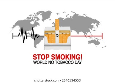 Vector illustration for World No Tobacco Day, showing a cigarette with heartbeat line on a world map background. Perfect for no smoking and health campaigns.