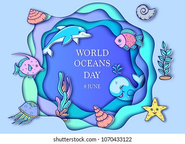 Vector illustration for world ocean day. Ocean animals on blue background.