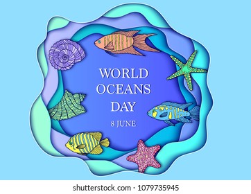 Vector illustration for world ocean day. Ocean animals on blue background.