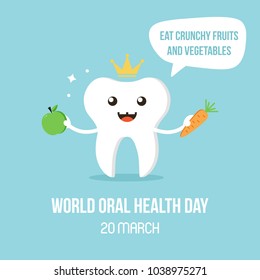 Vector illustration for world oral care day with smiling tooth character, giving advice to eat healthy crunchy fruits and vegetables.