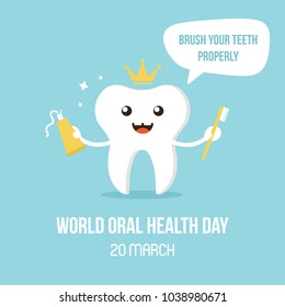 Vector illustration for world oral care day with smiling tooth character, giving advice brush teeth properly.
