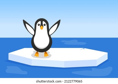 Vector illustration for World Penguin Day. A lone little penguin, standing on a broken ice floe, waves its flippers, calling for help. For the design of banners, posters