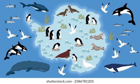 Vector illustration of the world of penguins and other animals on a blue background