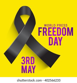 Vector illustration of world press freedom day with black ribbon on yellow background.