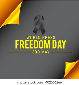 Vector illustration of world press freedom day with black ribbon shiny paper curled background.