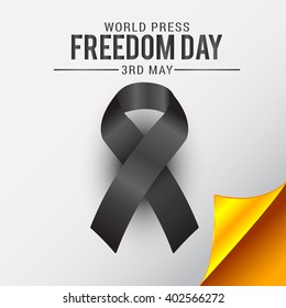 Vector illustration of world press freedom day with black ribbon shiny paper curled background.