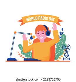 Vector illustration world radio day.  Radio DJ Woman Broadcasting.  Woman Speak Into The Microphone. Modern Radio Station On Air illustration.