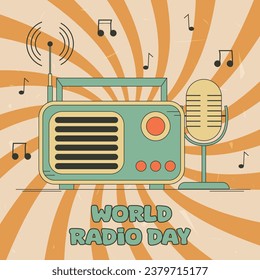 Vector illustration for world radio day. Retro radio. Illustration for posters, posters, websites, social networks, in a popular vintage style. Background with yellow rays.