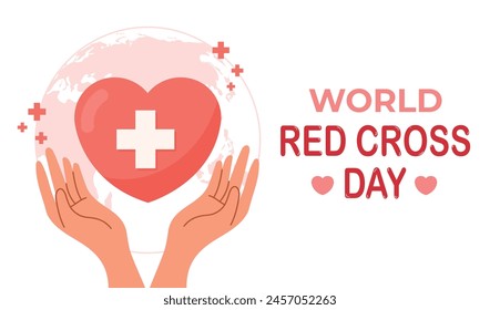 Ilustración vectorial del Día Mundial de la Cruz Roja. Escena de la historieta del corazón con la cruz, el planeta, las manos aisladas sobre fondo blanco. Asistencia a prisioneros de guerra, heridos, enfermos, víctimas de desastres naturales.