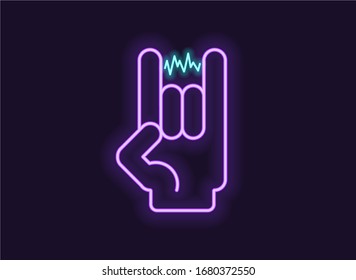 Vector illustration to the World Rock-n-roll day. Neon label. The sign of horns
