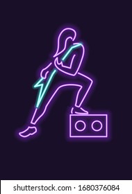 Vector illustration to the World Rock-n-roll day. Neon label.
Rock guitarist plays electric guitar