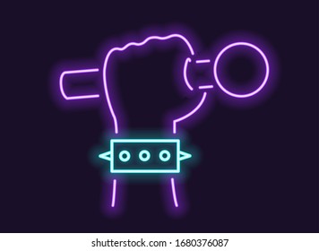 Vector illustration to the World Rock-n-roll day. Neon label. Microphone in a fist, hand has a bracelet with spikes
