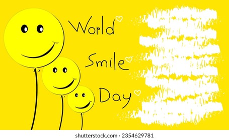 Vector illustration, "World Smile Day. 3 balloons and black letters, yellow background with copy space, watercolor, splash, white