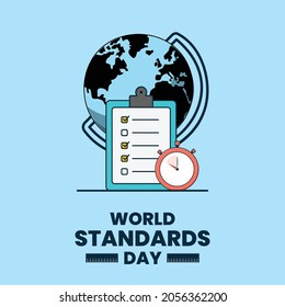 Vector illustration of World Standards Day banner. Globe, stopwatch, ruler scale, quality board vector.