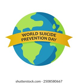 Vektorgrafik zum Welttag der Suizidprävention. Text World Suicide Prevention Day auf gelbem Band und Erdkugel auf weißem Hintergrund.