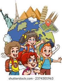 vector illustration of world tour and kids