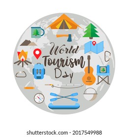Vector illustration of the World Tourism Day. Domestic tourism,internal tourism, ​hiking, camping, glamping, mountain holidays