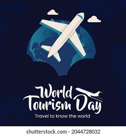 Vector illustration of World Tourism Day social media banner, poster. Airplane, globe, map vector.