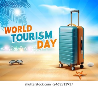 Vector illustration for "World Tourism Day". A travel suitcase stands on the beach. against the backdrop of the sea, sun, palm trees. On the side there is the inscription "World Tourism Day"