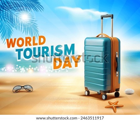 Vector illustration for "World Tourism Day". A travel suitcase stands on the beach. against the backdrop of the sea, sun, palm trees. On the side there is the inscription "World Tourism Day"