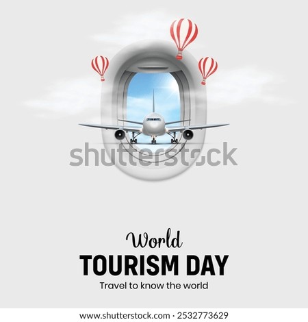 Vector illustration of World Tourism Day social media post. Travel to know the world. Airplane, air balloon.