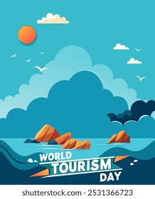 Vector illustration for World Tourism Day.Sea, sun, beach. the inscription "World Tourism Day". template for design, banner