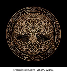 Ilustración vectorial del Árbol del Mundo de la mitología nórdica Árbol Yggdrasil con nudo celta en tonos dorados. Para Fondo de pantalla, tatuajes, joyas y proyectos relacionados con la mitología, la historia, la fantasía