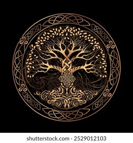 Ilustración vectorial del Árbol del Mundo de la mitología nórdica Árbol Yggdrasil con nudo celta en tonos dorados. Para Fondo de pantalla, tatuajes, joyas y proyectos relacionados con la mitología, la historia, la fantasía